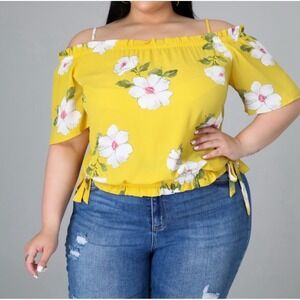 Zenobia 3 XL Plus size top- Yellow Floral‎ off shoulder blouse Brand New